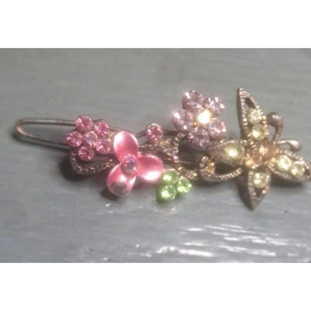Vintage Crystal enamel hair clip barrette Floral butterfly multicolored